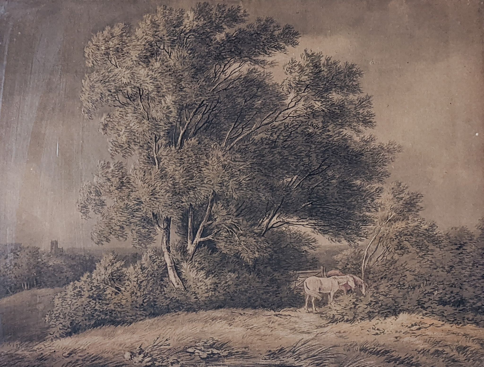 Early 19th century English School, watercolour, Horses in a stormy landscape, 38 x 49cm